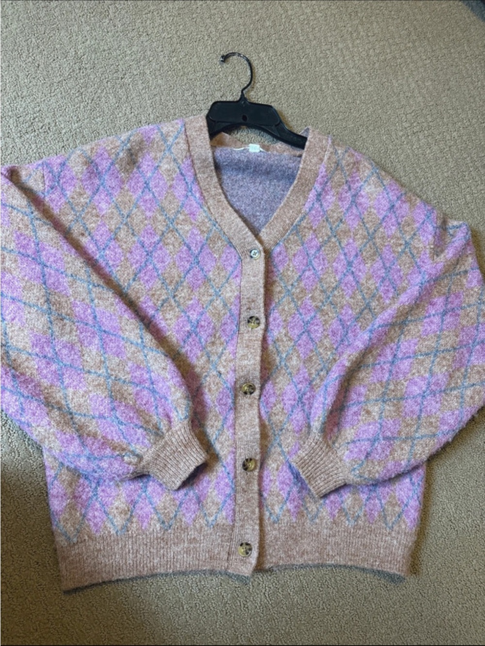 Women's Pink Argyle Button-Front Cardigan Sweater